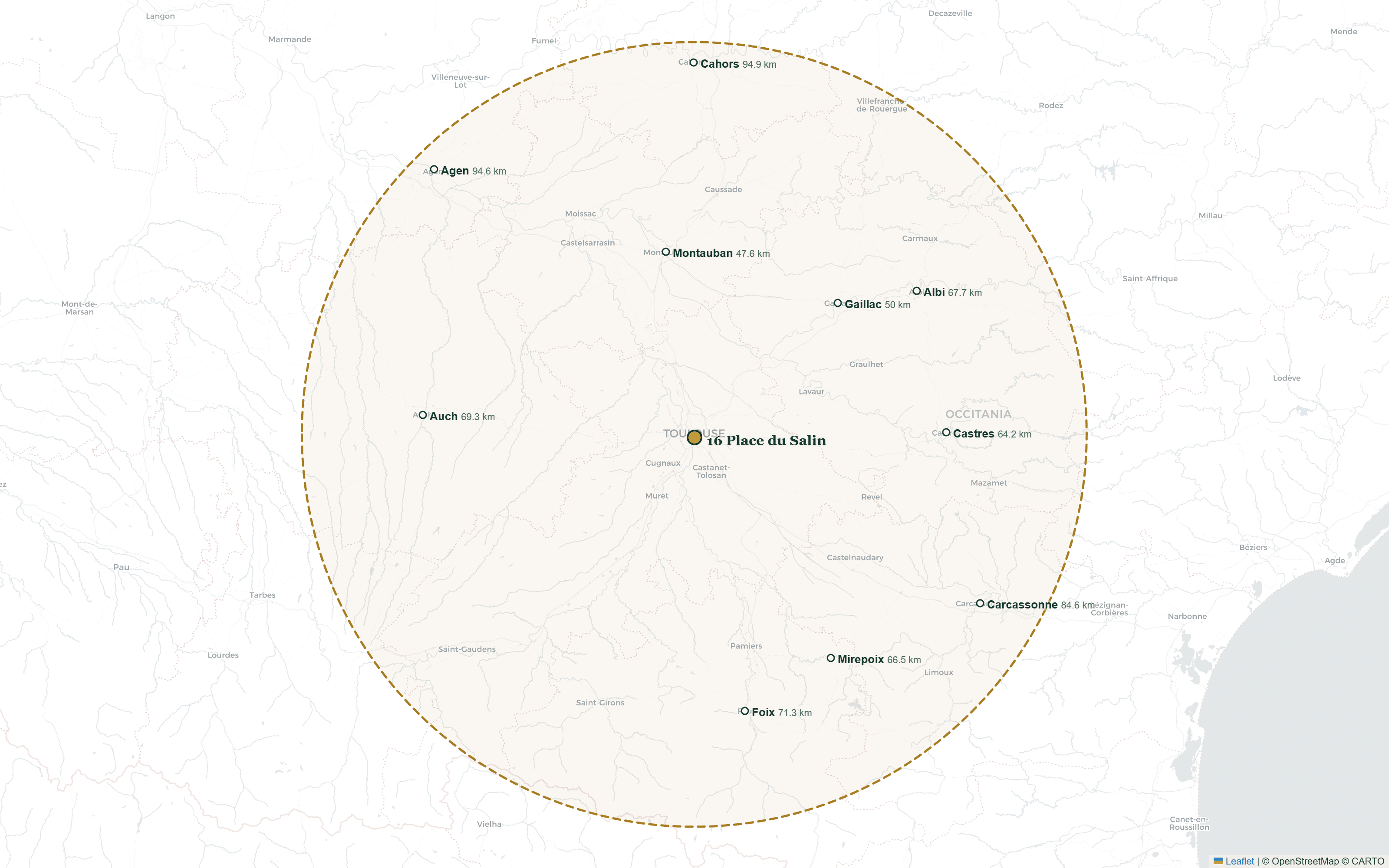 Map of the 100 km service radius around 16 Place du Salin, Toulouse, reaching Montauban, Albi, Auch, Foix, Carcassonne, Cahors and Agen
